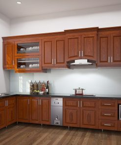 tủ bếp inox cánh gỗ xoan đào mang lại chiều sâu cho không gian